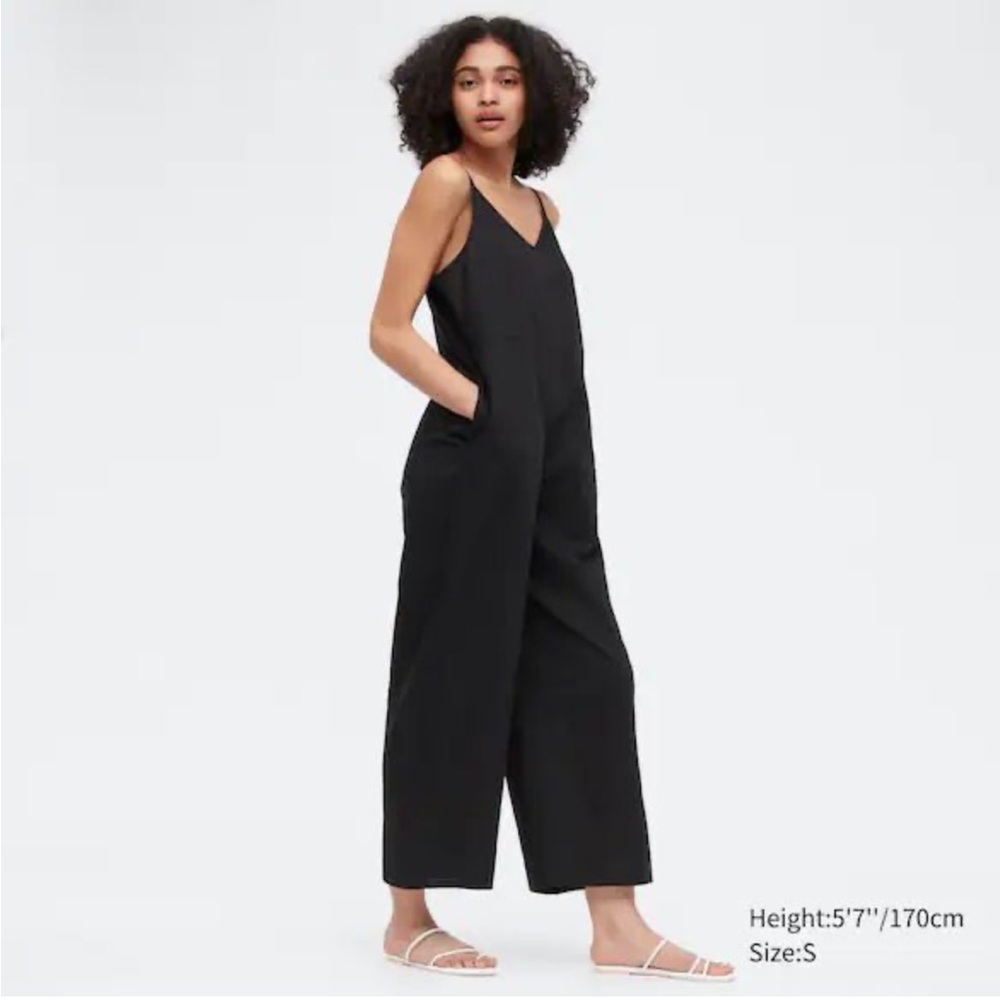 UNIQLO Linen Blend Camisole Jumpsuit Black Women's‎ Medium Wide Leg Lightweight